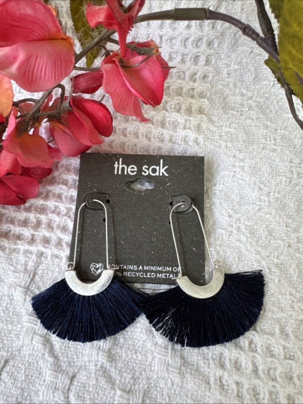 The Sak Navy Tassel Fan Fringe Silver Tone Boho Statement 2.25" Earrings NEW